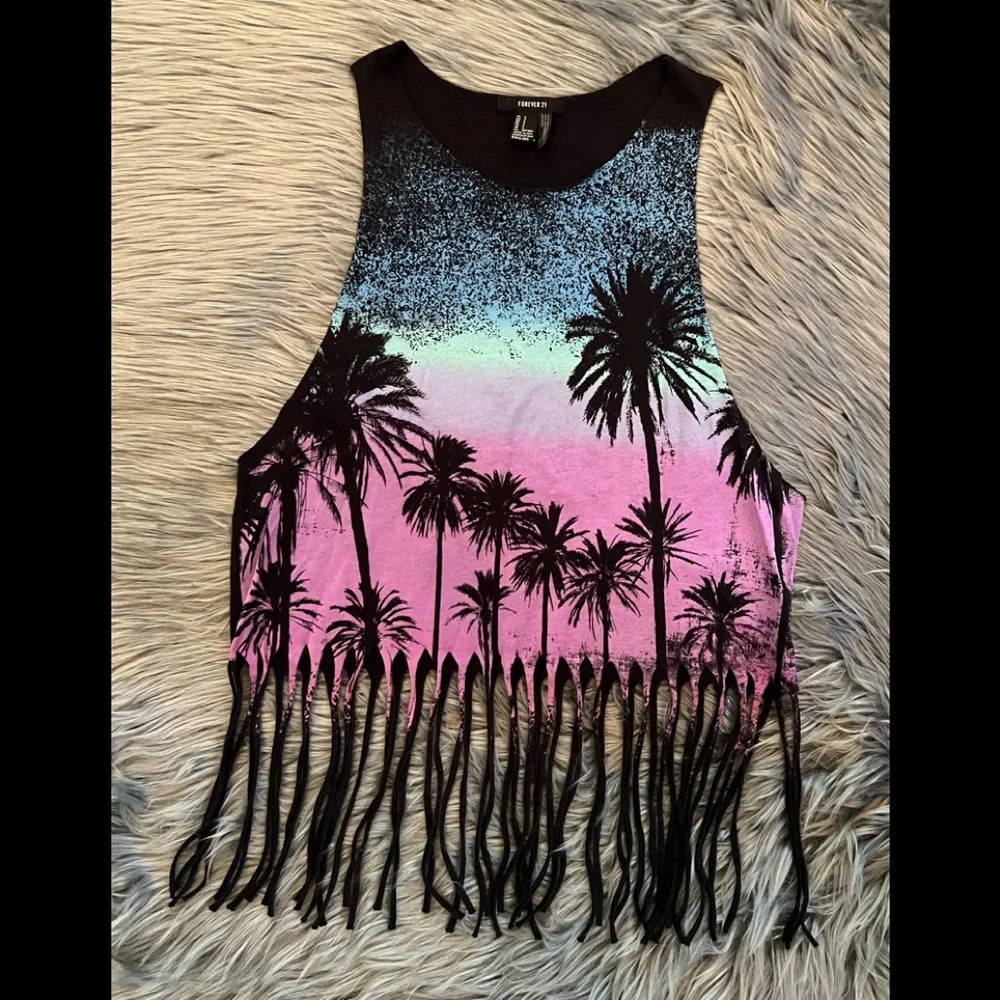 Forever 21 Muscle Fringe Tank Top - Size Small | Color: Black